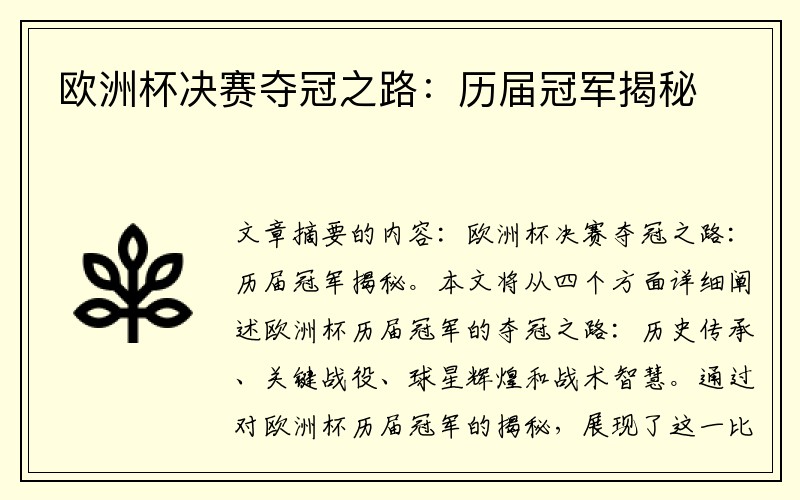 欧洲杯决赛夺冠之路：历届冠军揭秘